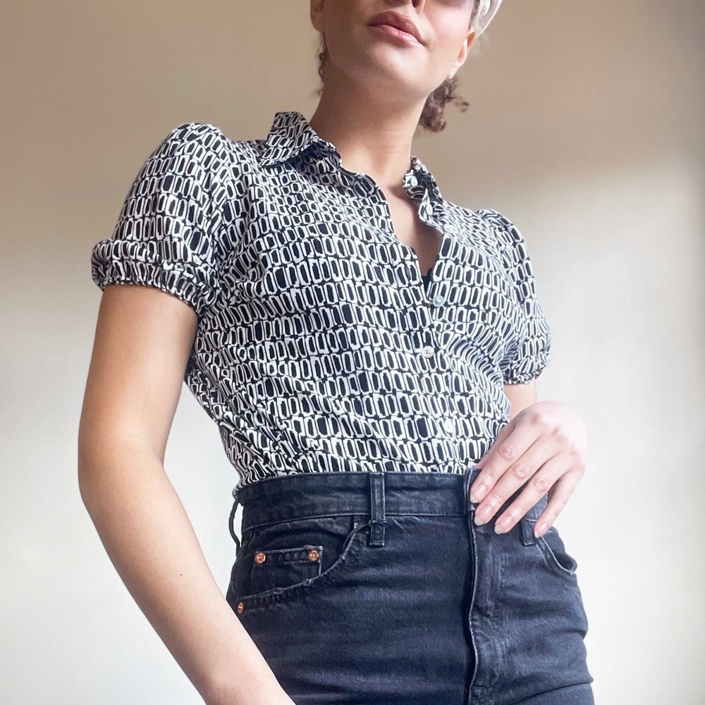 Nine West Vintage Y2K Black And White Academia Button Down Blouse Maximalism - Picture 2 of 10